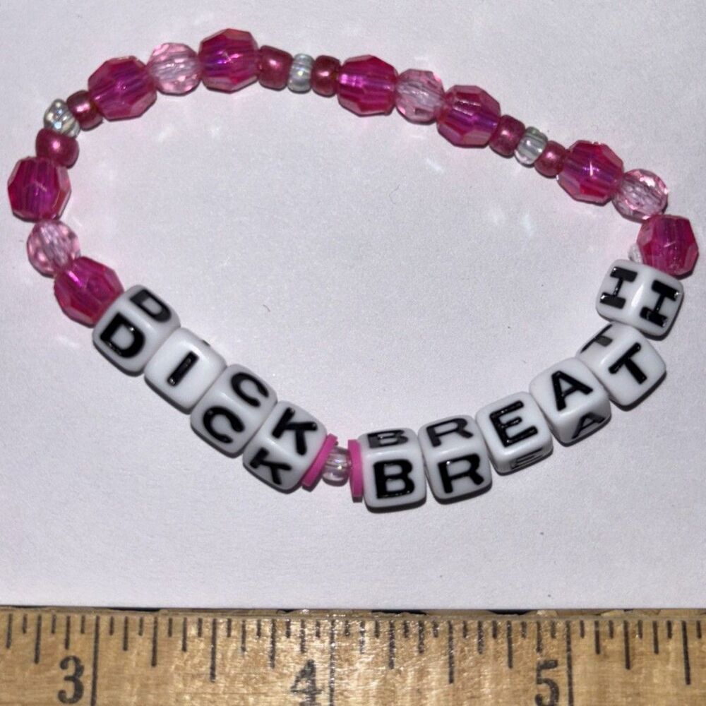 Handmade Beaded Stretch Bracelet Pink Accent Letter Beads "D*ck Breath"